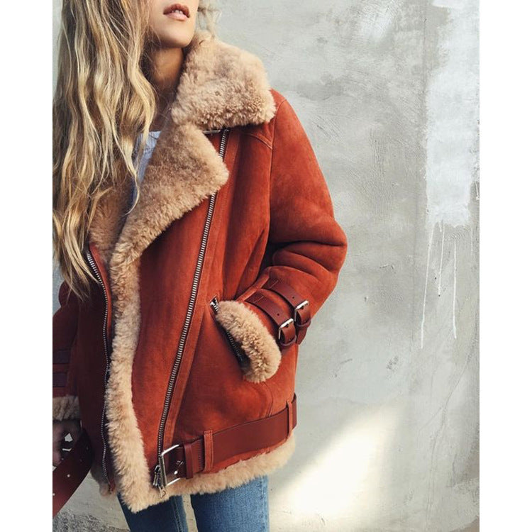 Motorcycle Deerskin Velvet Lambswool Coat Women & Lapel Fur Cotton Coat