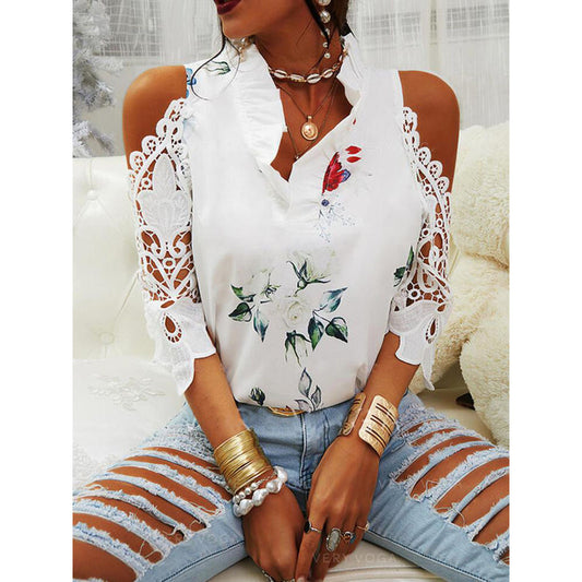 Top Flower Print Shoulder Lace Stitching Long Sleeve T-Shirt For Women