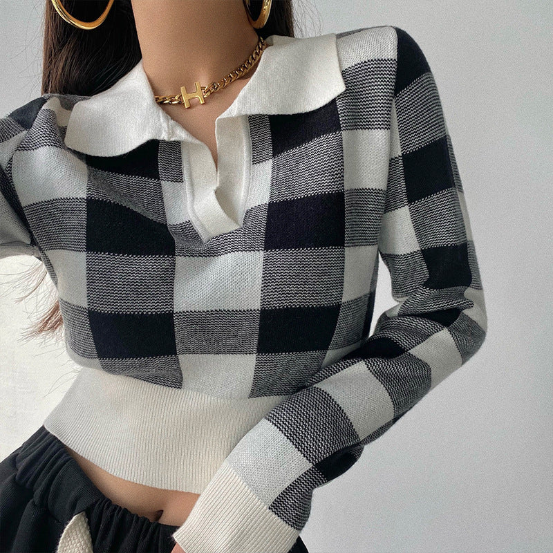 American Retro Plaid Lapel Slim Short Waist Knitwear Long-sleeved Bottoming Knitwear Trendy