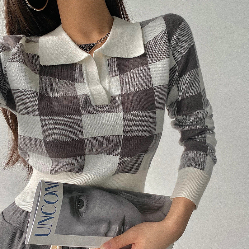 American Retro Plaid Lapel Slim Short Waist Knitwear Long-sleeved Bottoming Knitwear Trendy