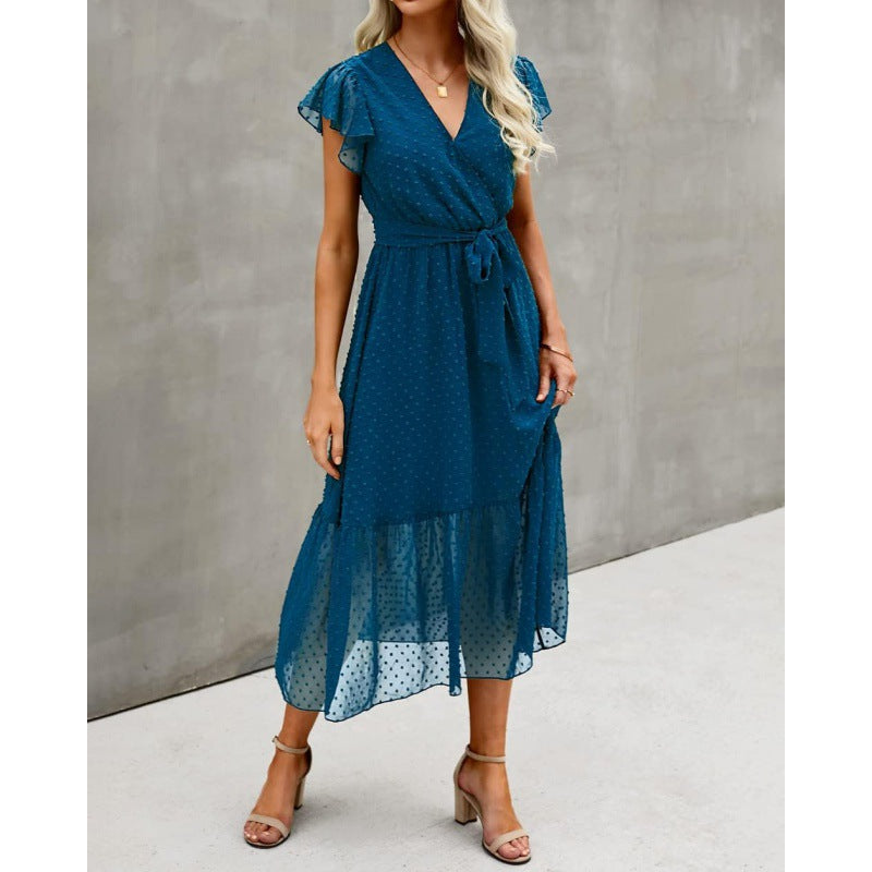 European And American Style Summer Loose Casual Wrap V-neck Tie Sleeveless Elegant Belt A-line Dress