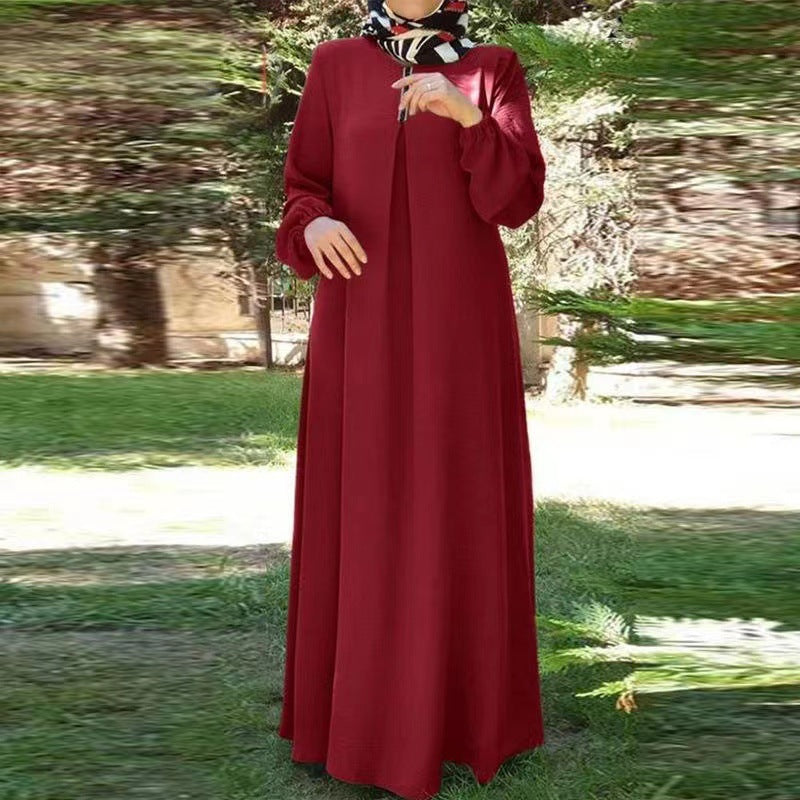 Middle Eastern Muslim Clothes Solid Color Long-sleeved Loose Round Neck Dress Long Skirt In Stock