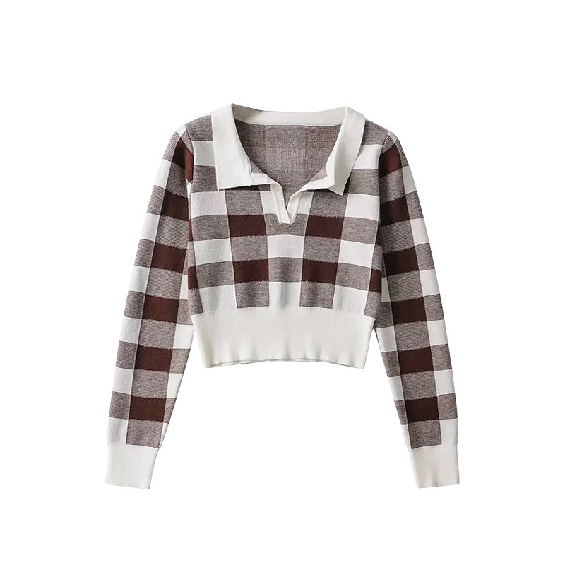 American Retro Plaid Lapel Slim Short Waist Knitwear Long-sleeved Bottoming Knitwear Trendy