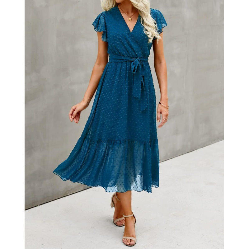 European And American Style Summer Loose Casual Wrap V-neck Tie Sleeveless Elegant Belt A-line Dress