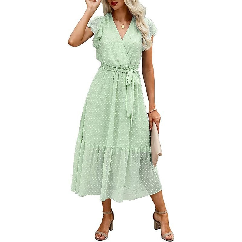 European And American Style Summer Loose Casual Wrap V-neck Tie Sleeveless Elegant Belt A-line Dress