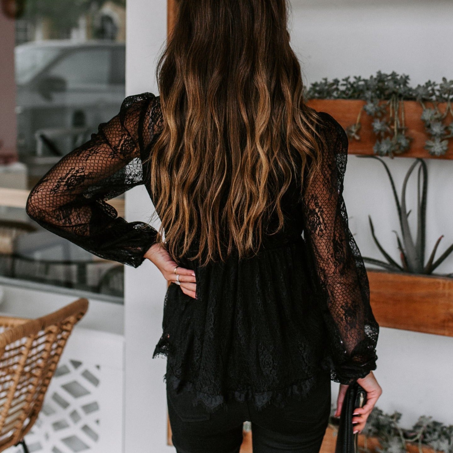 New Lace Embroidery Stitching Lace Bow Strap Long-sleeved Top