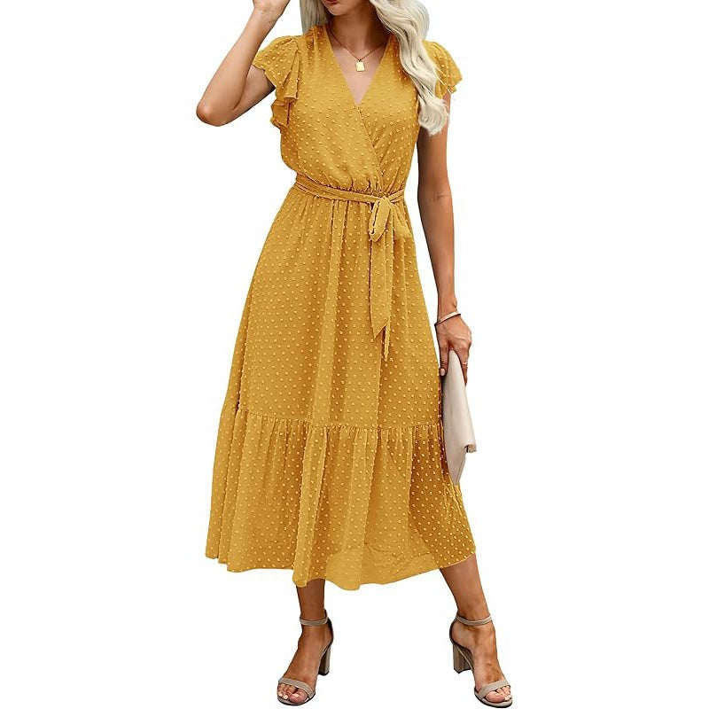 European And American Style Summer Loose Casual Wrap V-neck Tie Sleeveless Elegant Belt A-line Dress