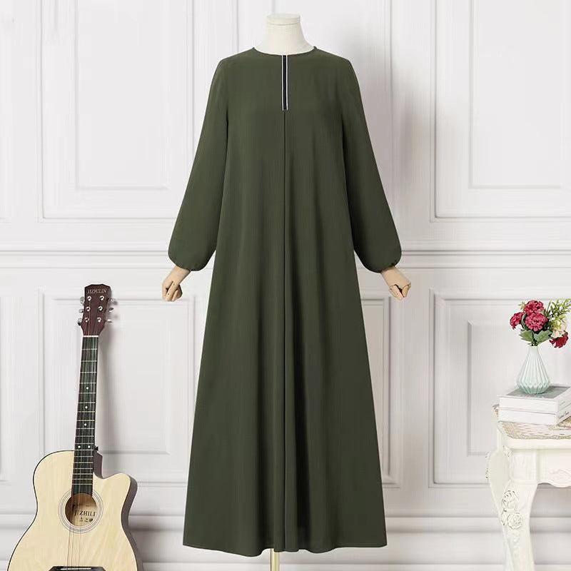 Middle Eastern Muslim Clothes Solid Color Long-sleeved Loose Round Neck Dress Long Skirt In Stock