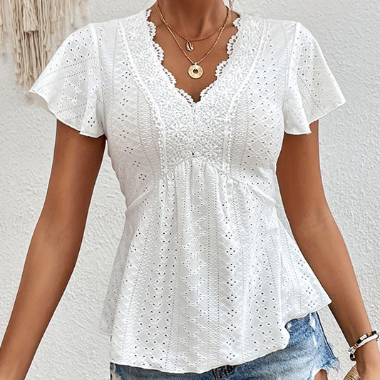 Knitted Jacquard Hollow Lace Edge Perspective V-Neck Short-Sleeved T-Shirt Spring And Summer Elegant Stretch Long Shirt