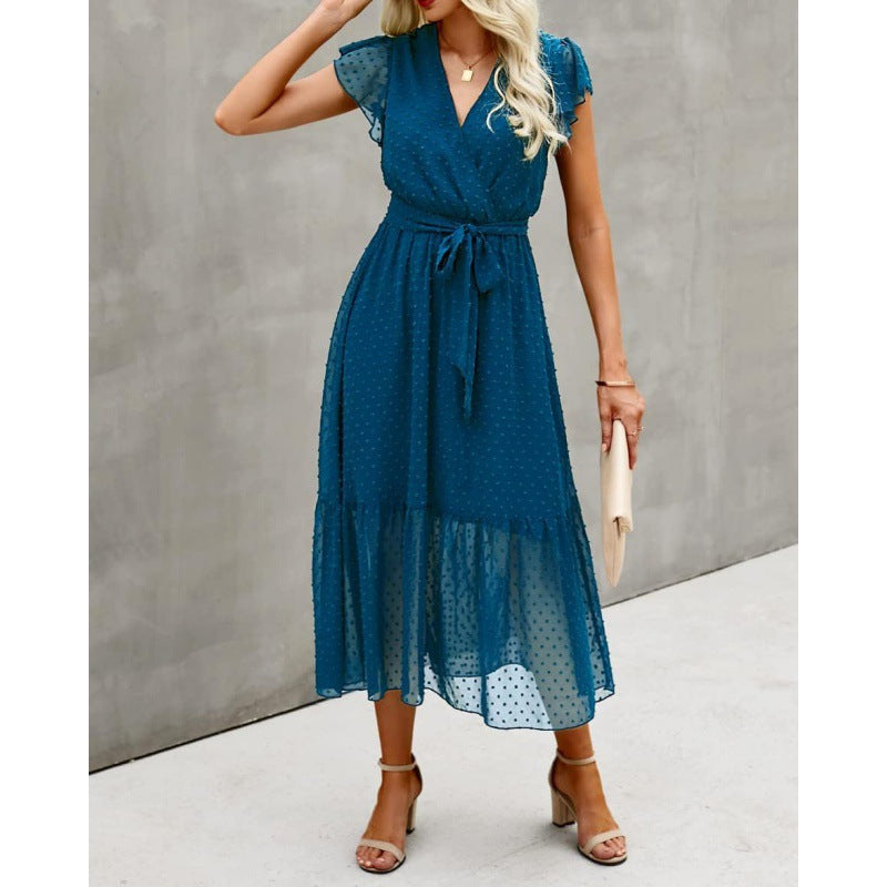 European And American Style Summer Loose Casual Wrap V-neck Tie Sleeveless Elegant Belt A-line Dress