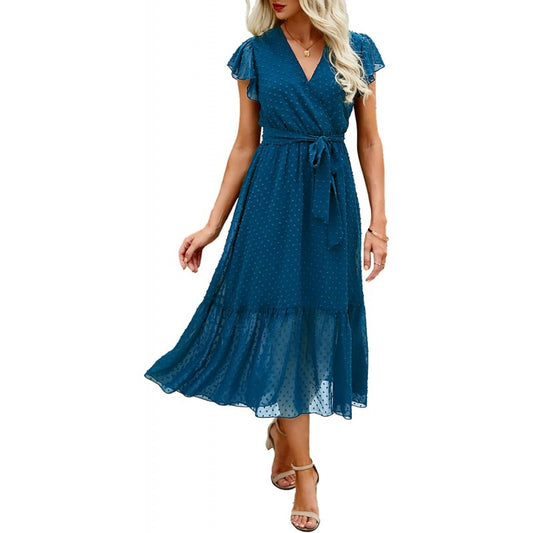 European And American Style Summer Loose Casual Wrap V-neck Tie Sleeveless Elegant Belt A-line Dress