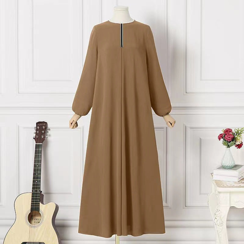 Middle Eastern Muslim Clothes Solid Color Long-sleeved Loose Round Neck Dress Long Skirt In Stock