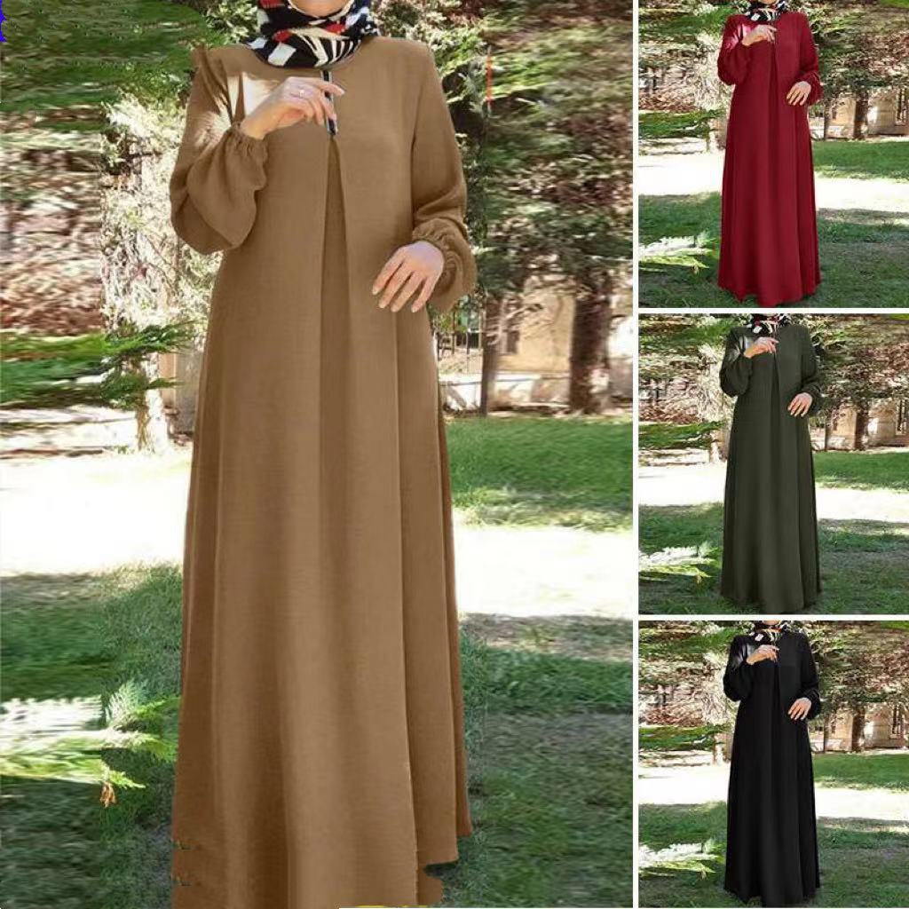 Middle Eastern Muslim Clothes Solid Color Long-sleeved Loose Round Neck Dress Long Skirt In Stock