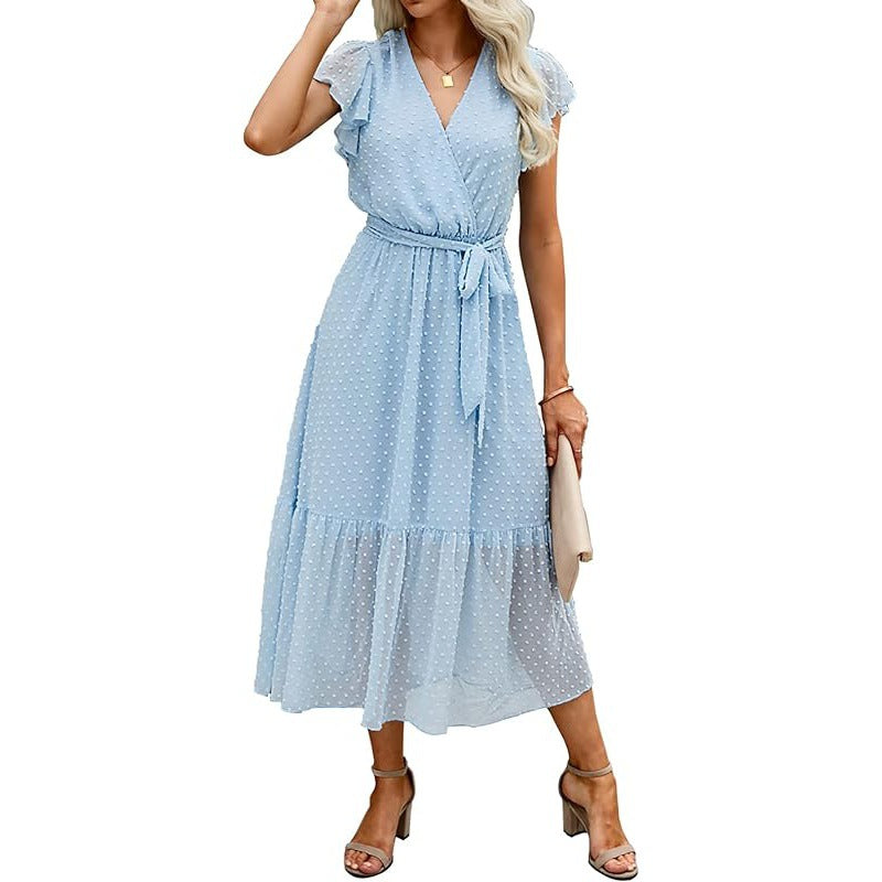 European And American Style Summer Loose Casual Wrap V-neck Tie Sleeveless Elegant Belt A-line Dress