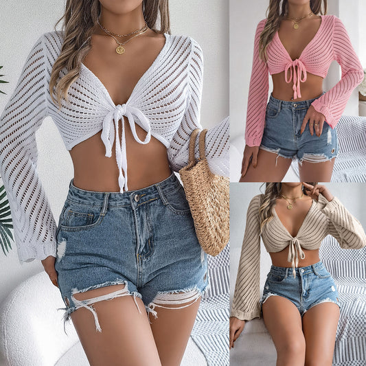 Summer Hollow Stripe Lace-up Long Sleeve Navel Knitted Cardigan Sunscreen