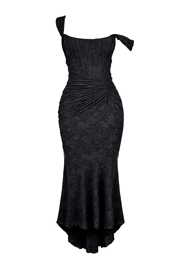 New Pleated Lace Dress Socialite Niche Design Dress Sexy Strap Jacquard Dress