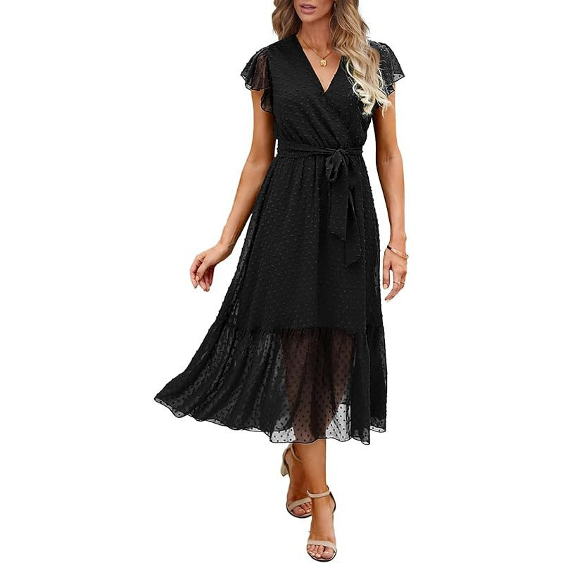 European And American Style Summer Loose Casual Wrap V-neck Tie Sleeveless Elegant Belt A-line Dress