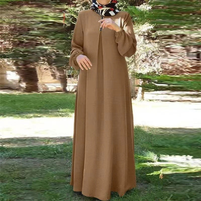 Middle Eastern Muslim Clothes Solid Color Long-sleeved Loose Round Neck Dress Long Skirt In Stock