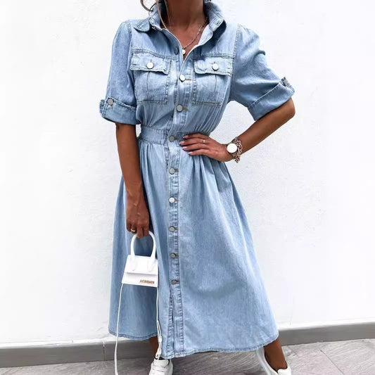 New Button Shirt Short Sleeve Denim Dress