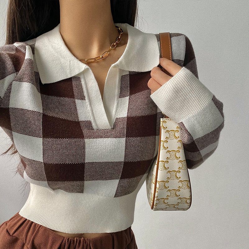 American Retro Plaid Lapel Slim Short Waist Knitwear Long-sleeved Bottoming Knitwear Trendy