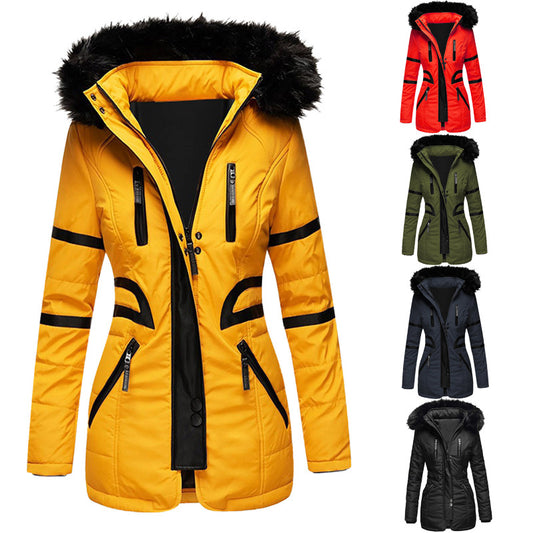 Winter Cotton Coats For Women, Mid-length Cotton Coats, Leather Stitching Zipper Casual Cotton Jackets, Thickened Hooded