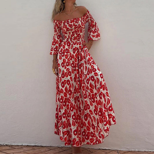 Elegant Elegant Floral Print Pleated Open Shoulder Pocket Long Dress Large Swing Long Dress