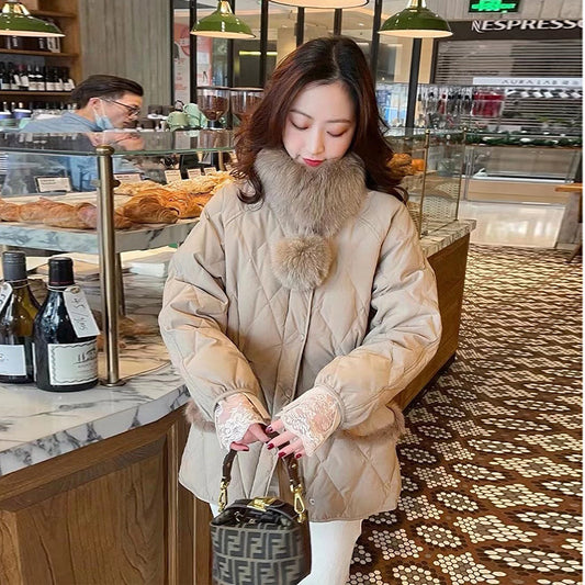 New Korean Version Waist Fox Fur Ball Scarf Mink Fur Stitching Rhombus Light And Thin Short Down Jacket