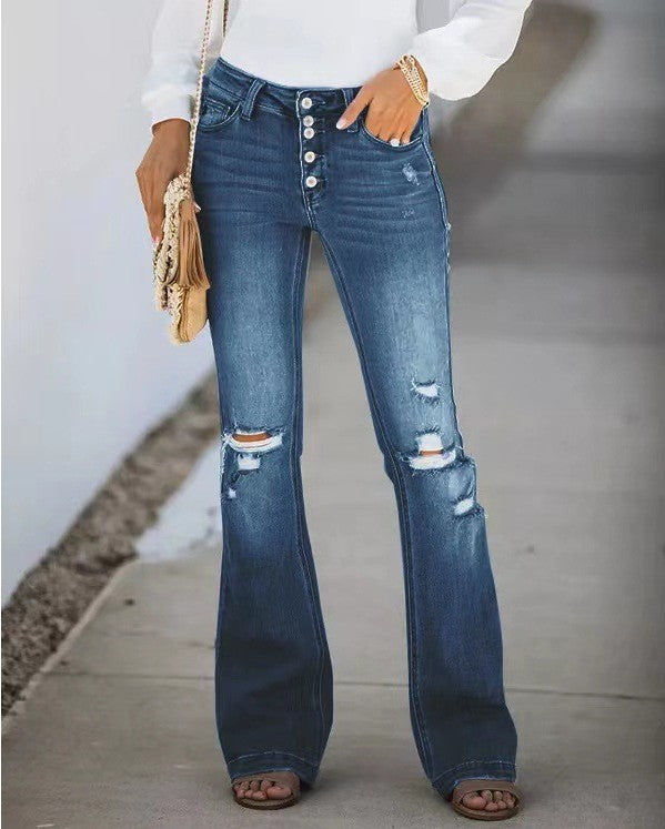 New Autumn And Winter Micro-horn Jeans Straight Ripped Jeans Women